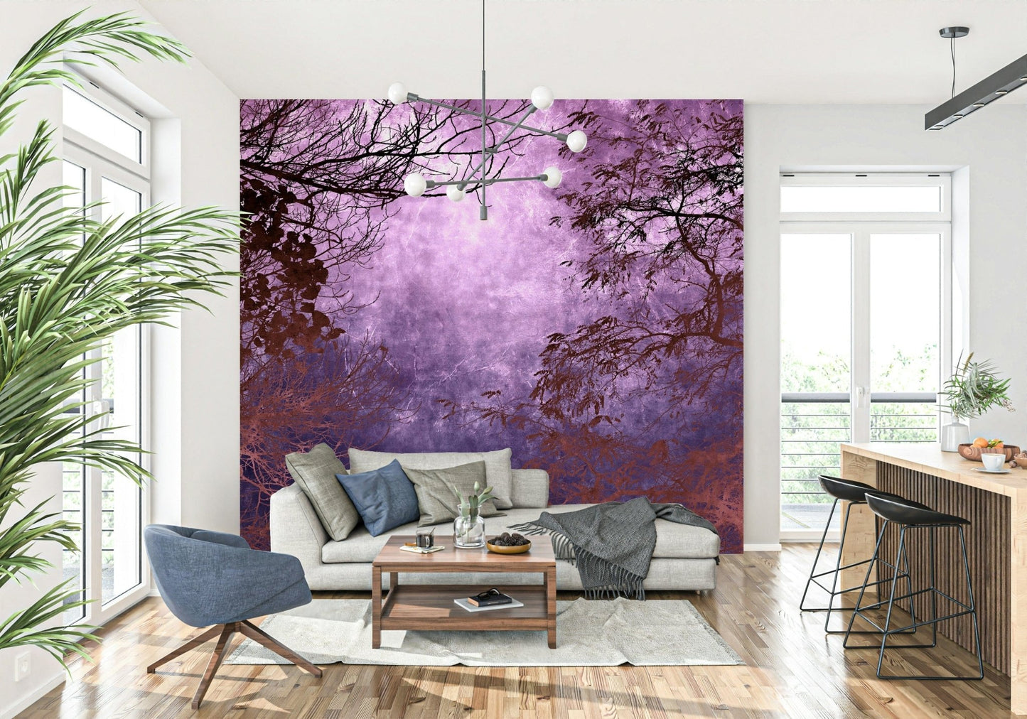 Purple Woods wall mural with silhouetted tree branches