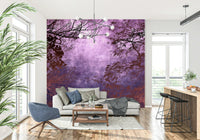 Purple Woods wall mural with silhouetted tree branches