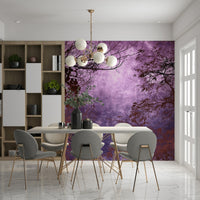 Dark tree silhouettes on purple sky wall mural
