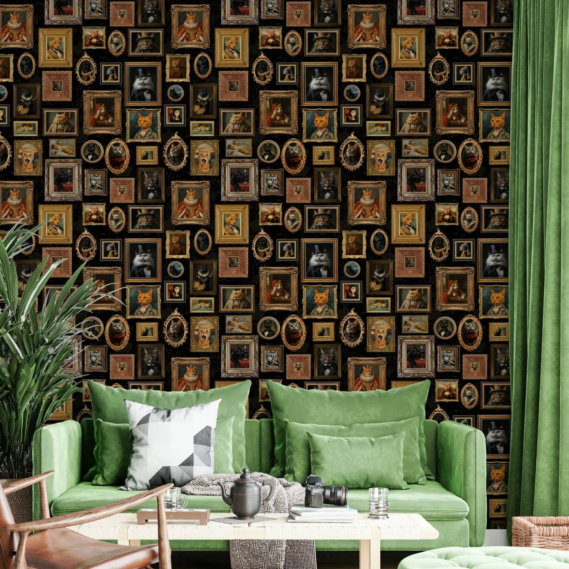 Purr-traits mural for a fun living room.

