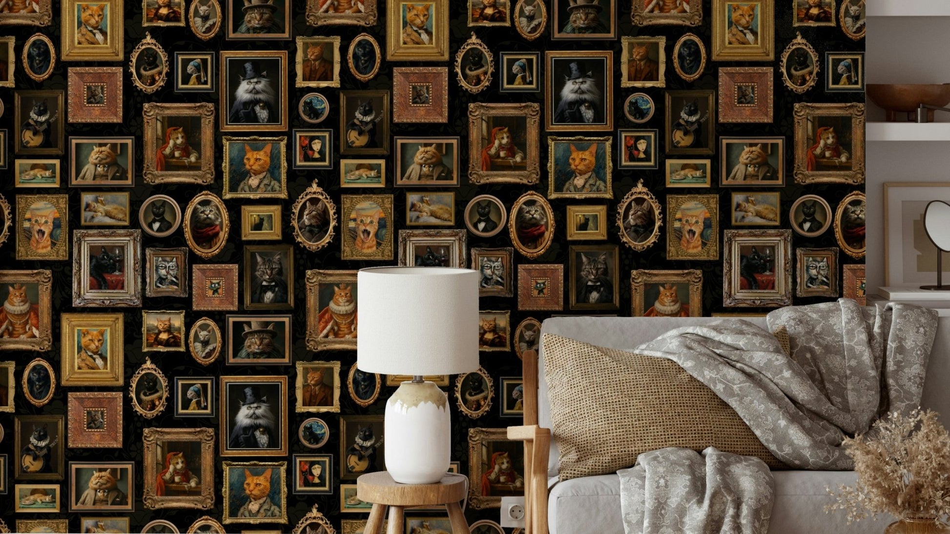 Wallpaper with a collection of framed cat portraits.

