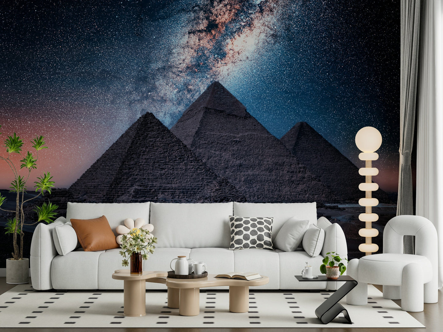 Pyramids at night wallpaper mural with cosmic stars
