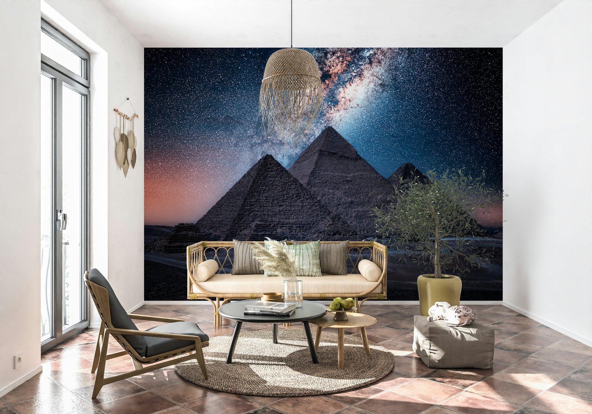Dark sky pyramids wall mural featuring stars and sand dunes