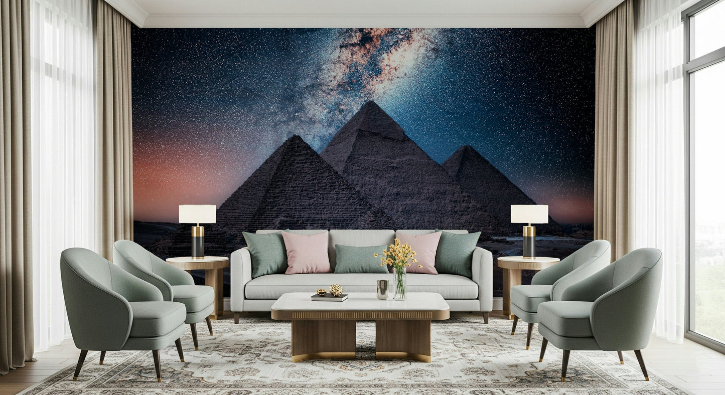 Ancient Egypt pyramids night wall mural with galaxy backdrop