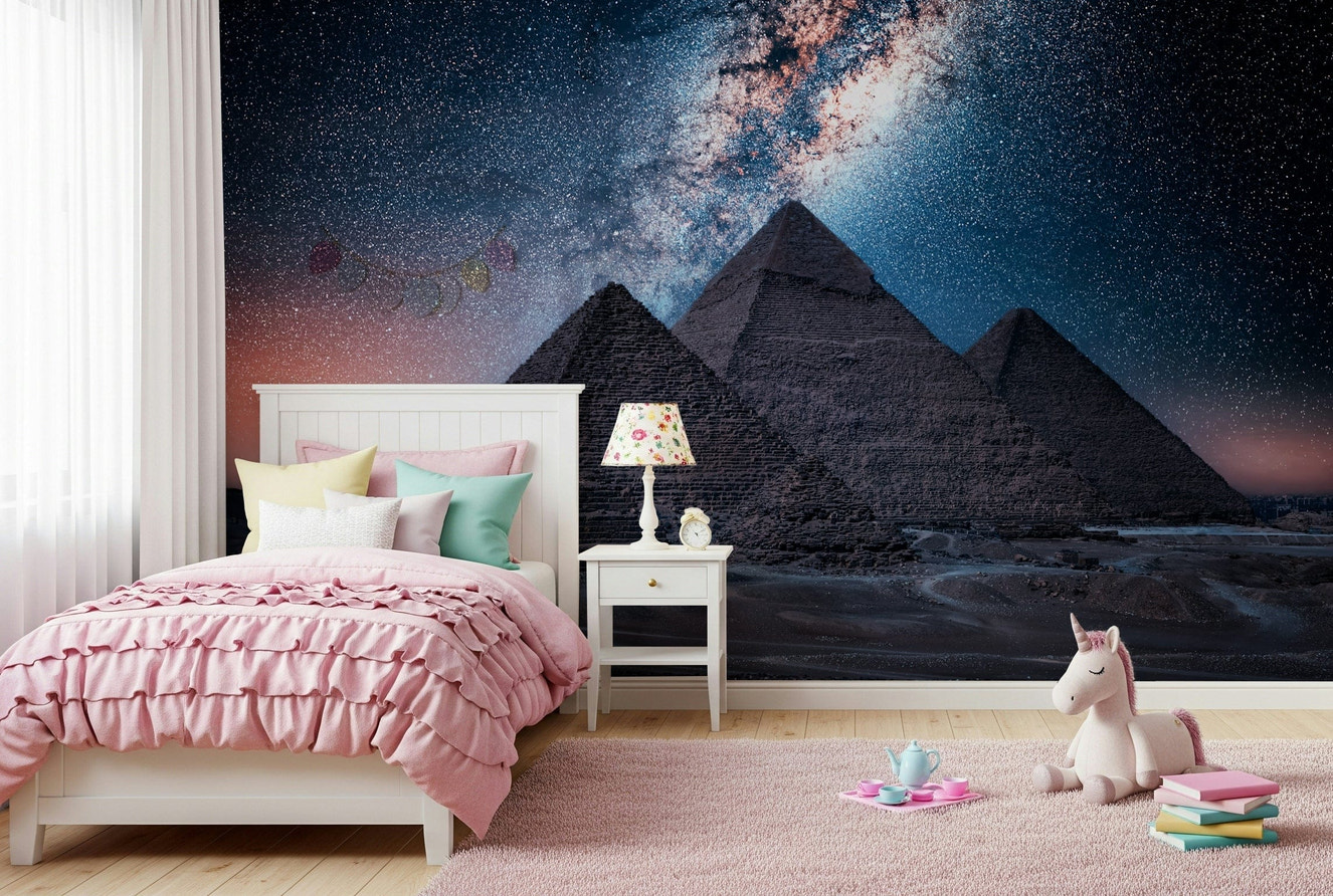 Pyramids at night wall mural showing ancient pyramids under a starry sky