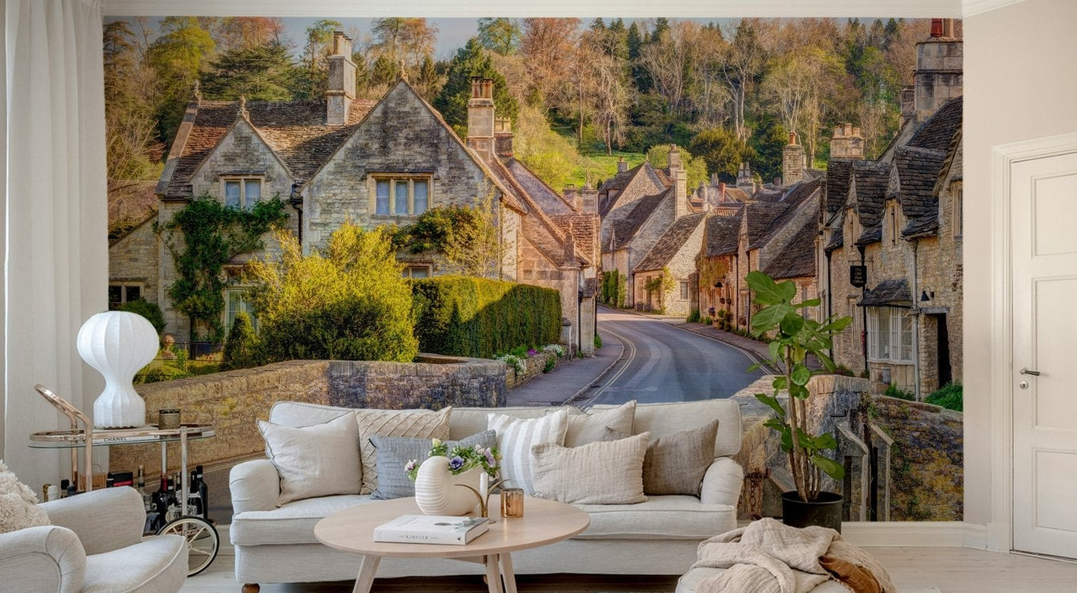 English village mural with stone cottages

