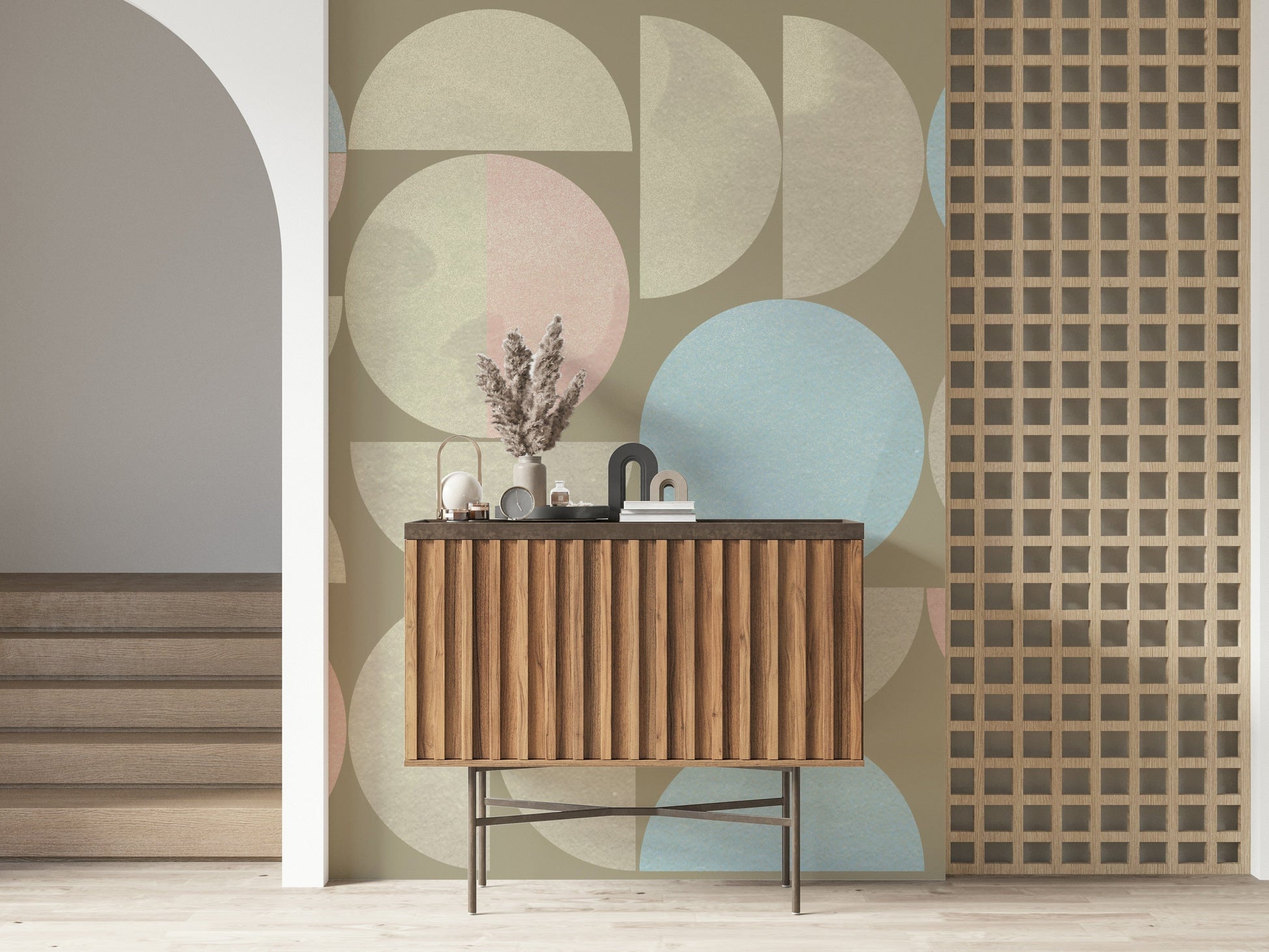 Minimalist arc and sphere Quiet Geometry print wall mural piece.