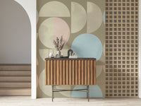 Minimalist arc and sphere Quiet Geometry print wall mural piece.