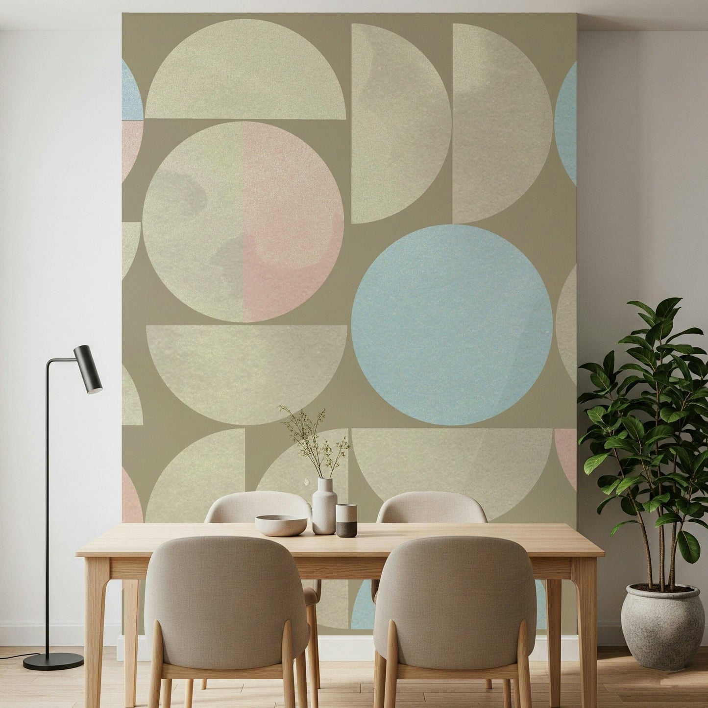Geometric patterns shine on a pastel themed wall mural.