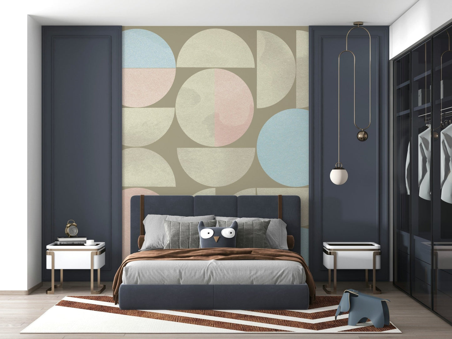 Soft hues feature on a modern geometric wall mural.