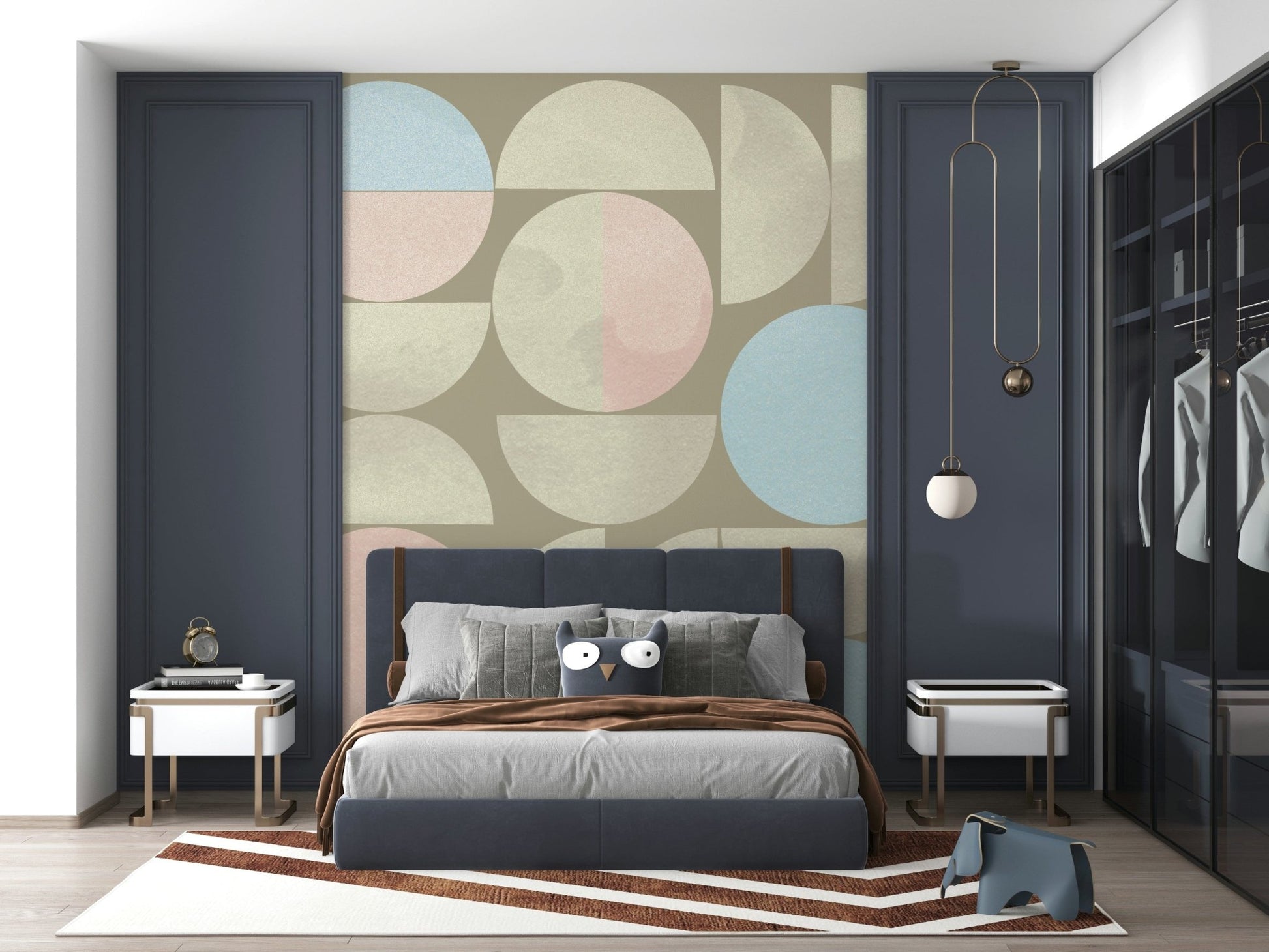 Soft hues feature on a modern geometric wall mural.