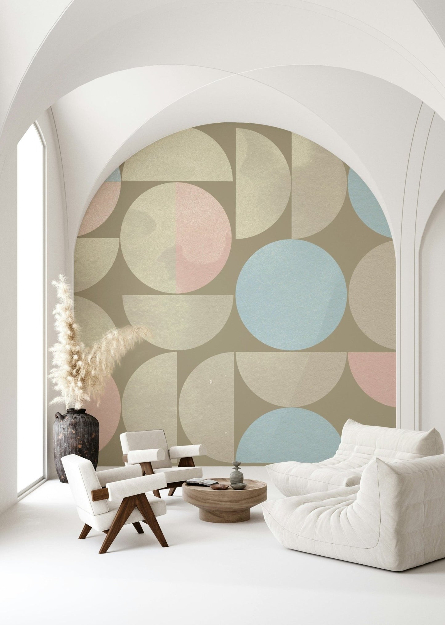Artistic semi-circles accent a modern art wall mural.