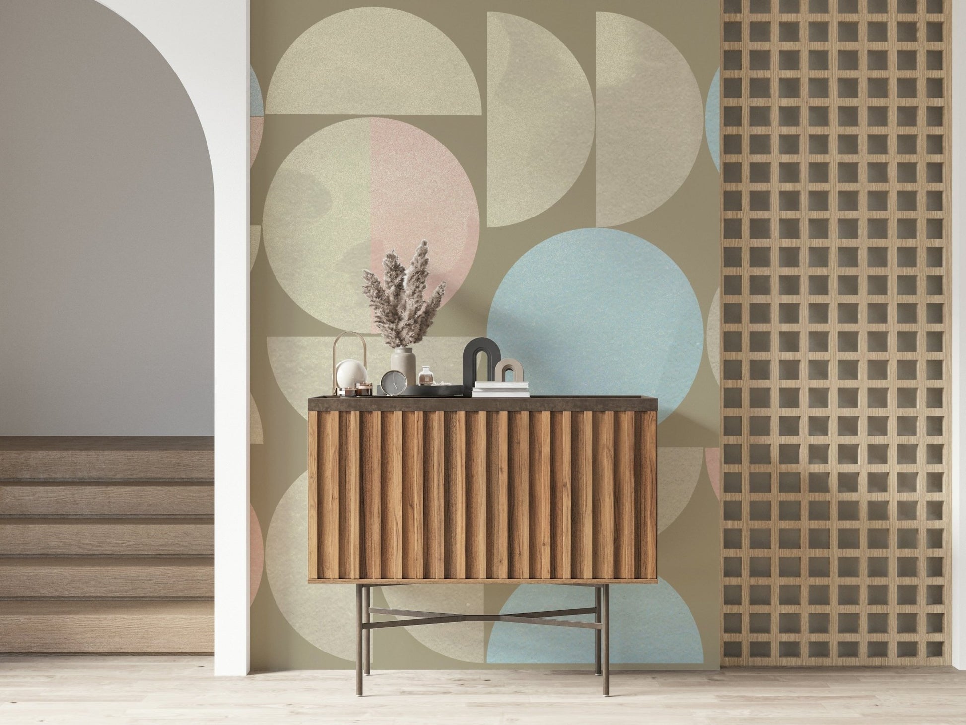 Minimalist shapes decorate this quiet geometry wall mural.