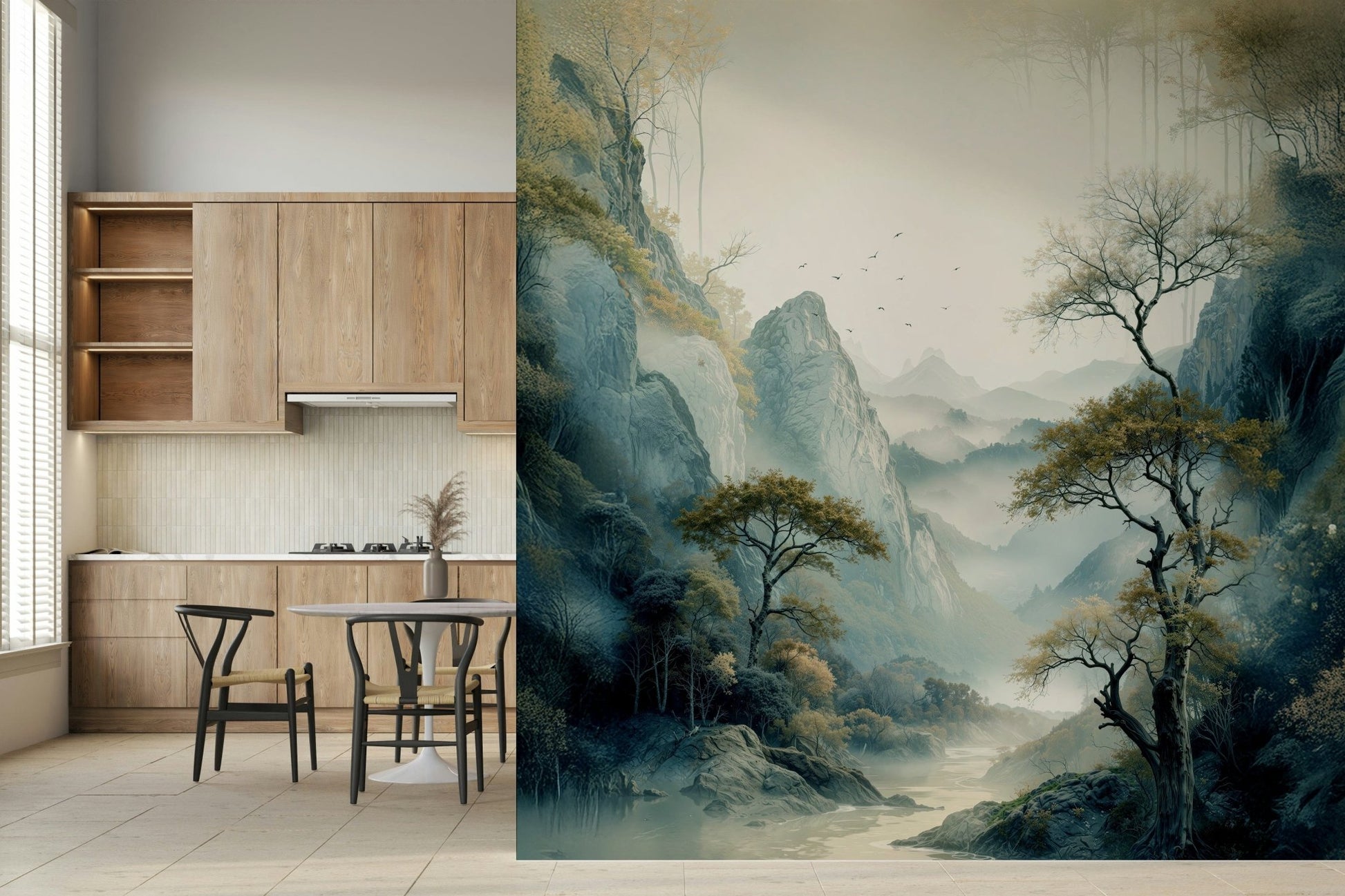 Peaceful landscape wall mural with a gentle river flowing through a tranquil valley scene.