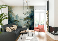 Nature-inspired mural showcasing a quiet river valley surrounded by soft morning mist.