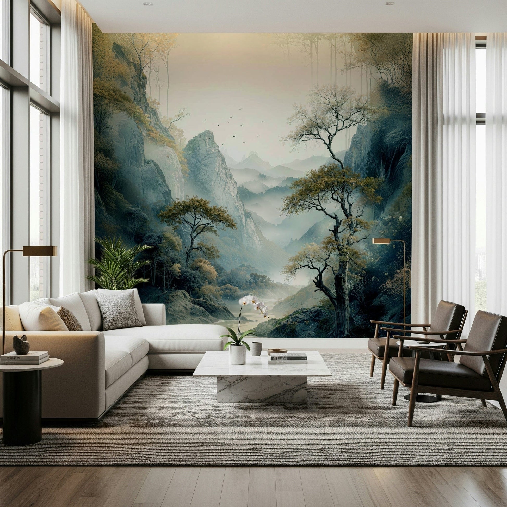 Quiet River Valley wall mural featuring a serene river winding through lush green hills.