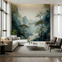 Quiet River Valley wall mural featuring a serene river winding through lush green hills.
