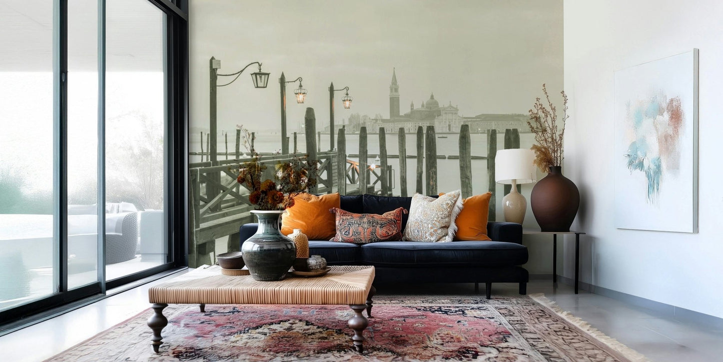 Dockside pilings, lamp posts lit, Quiet Waterside Reflection mural.