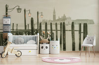 Quiet Waterside Reflection, sepia-toned cityscape, serene wall decor.