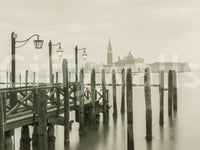 Wood pier structure, dark posts, Quiet Waterside Reflection home decor.