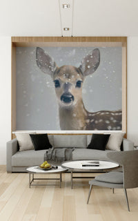 Wall mural with a gentle fawn and frosty winter scenery for a peaceful atmosphere.