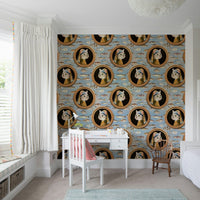 Guest bedroom feature wall with ocean-inspired wallpaper, soft blue and white