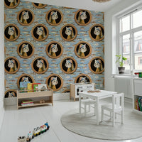 Coastal living room wall decor with ocean mural, soft blue tones and calm pattern