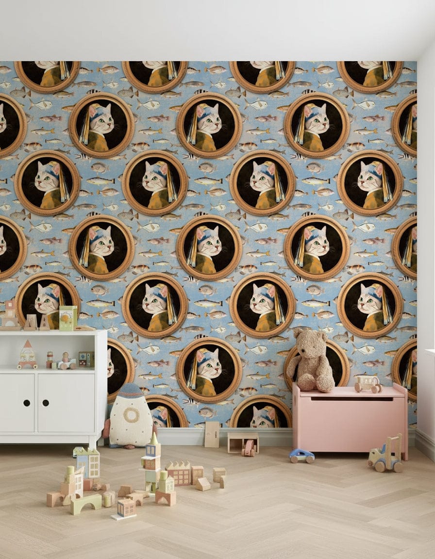 Dining nook with coastal wall mural, sea motif in blue for a modern space