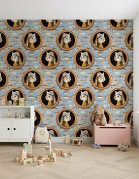 Dining nook with coastal wall mural, sea motif in blue for a modern space