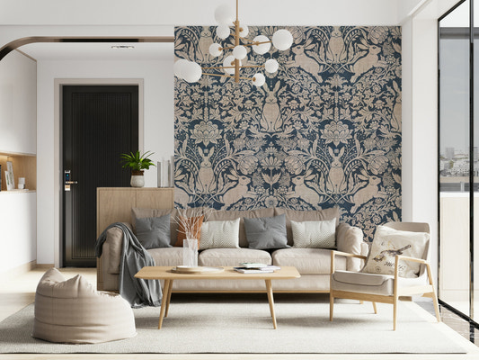 Decorative mural featuring rabbits grazing and playing in a sunlit meadow.