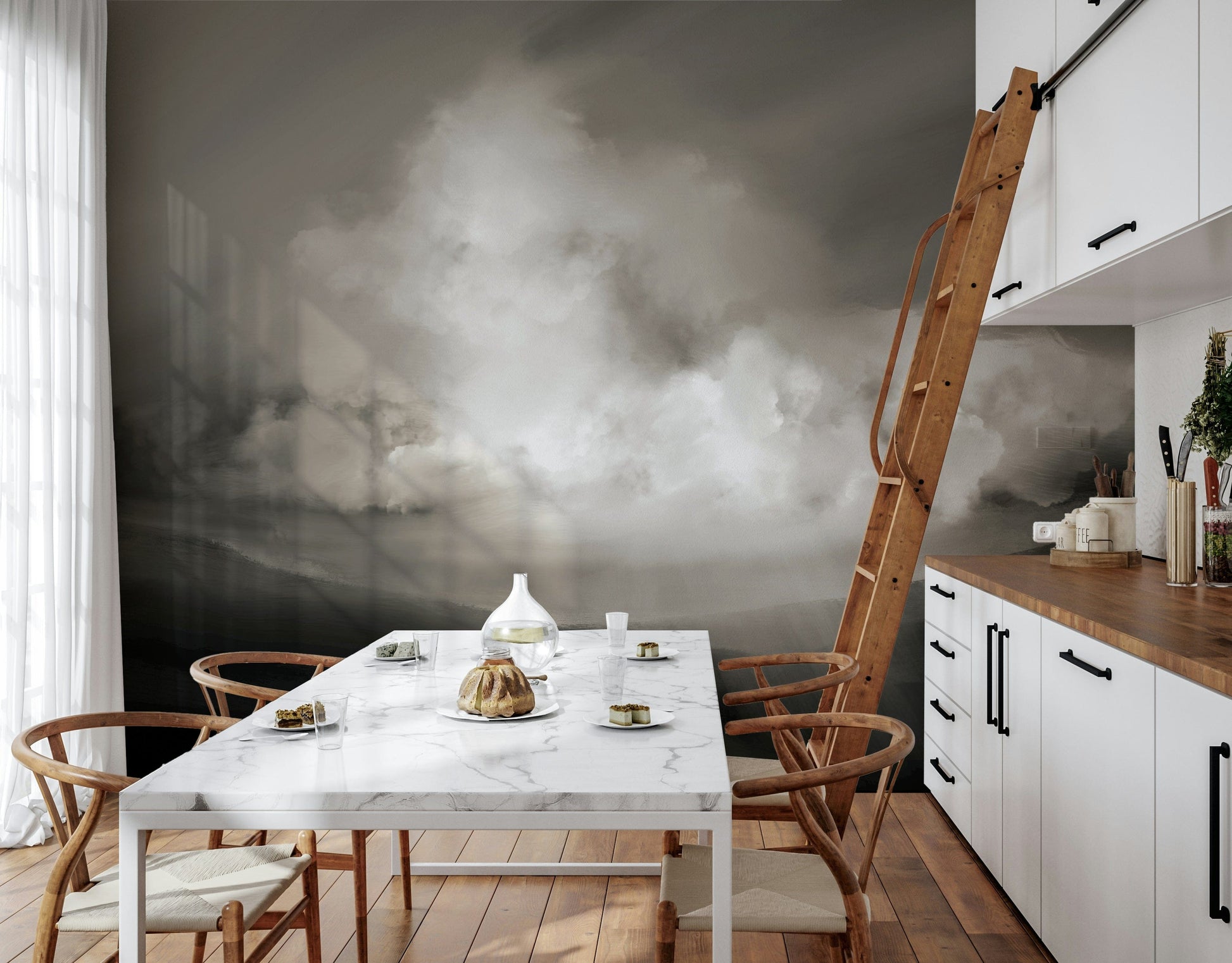 A peaceful open sky mural on decorative wallpaper.