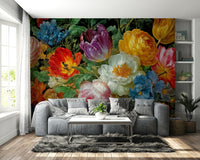 A beautiful, vibrant floral arrangement in a radiant blossom mural.

