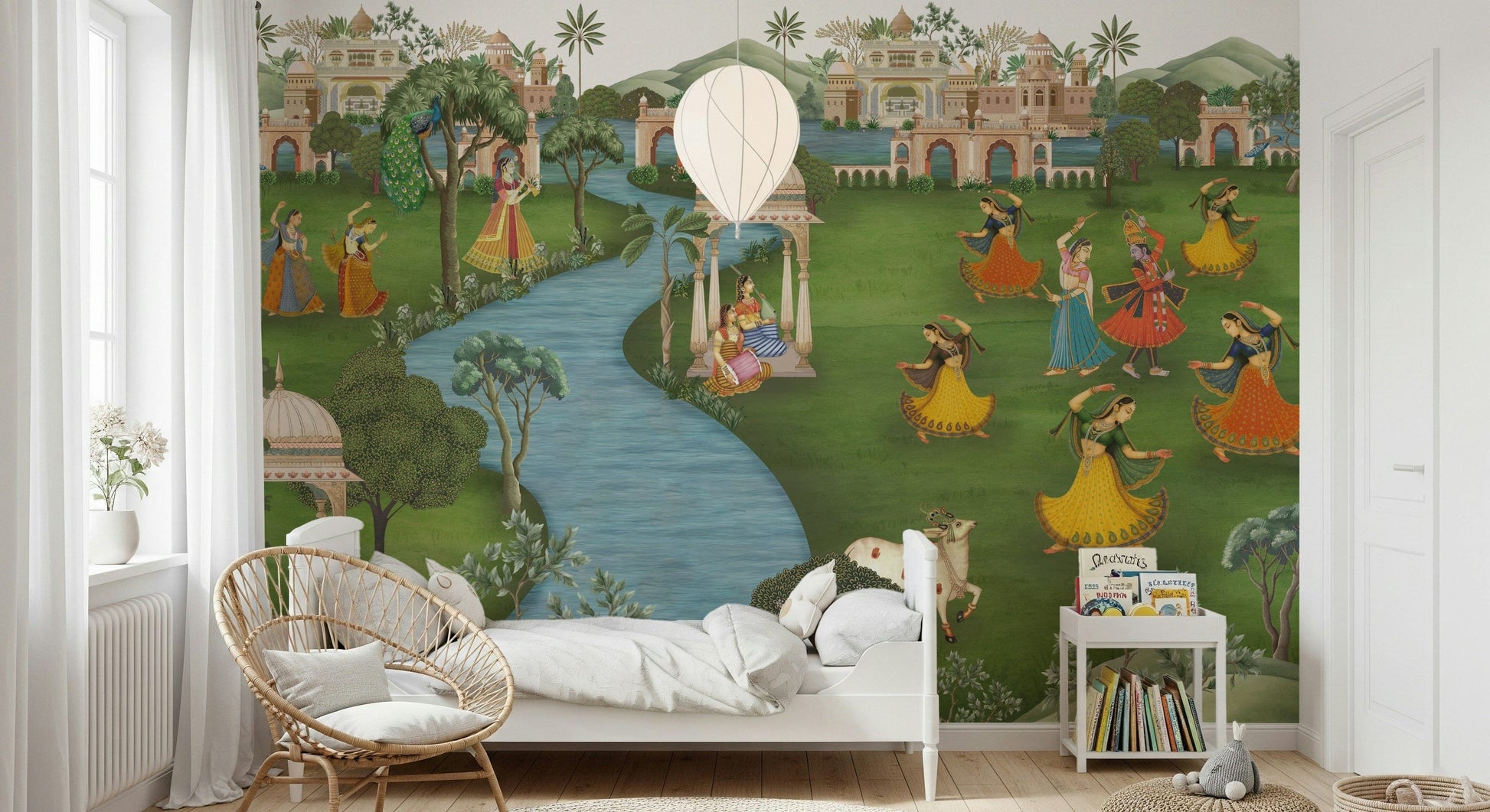 Patterned wall decor mural in apartment hallway, soft beige base with red accents, long corridor wall