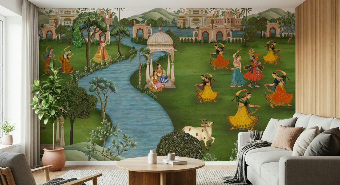 Abstract rhythm pattern wall mural in bedroom, muted terracotta and cream, behind headboard feature wall