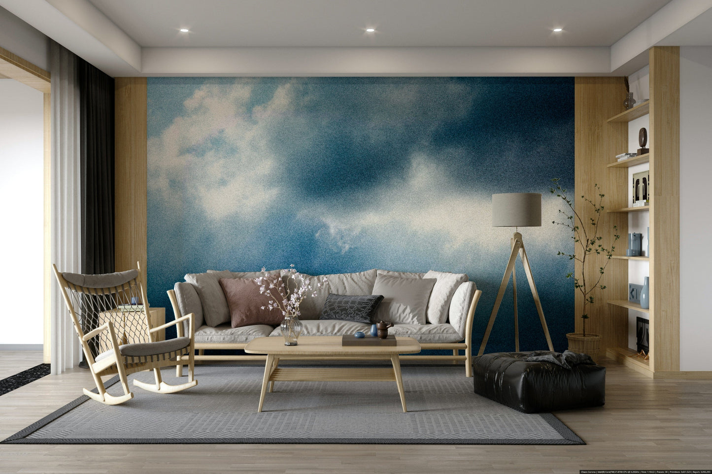 A peaceful rainy day mural on decorative wallpaper.

