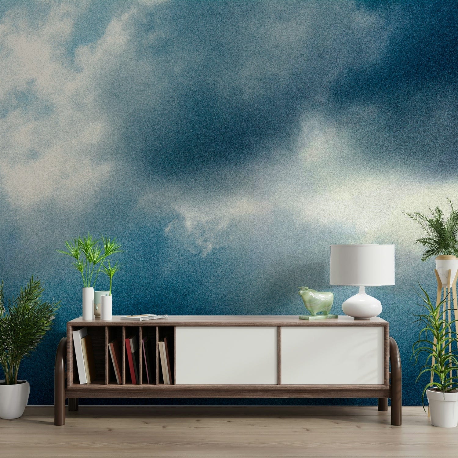 An artistic abstract rain mural on minimalist wallpaper.

