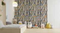 The wallpaper is installed in a modern, quiet living room.


