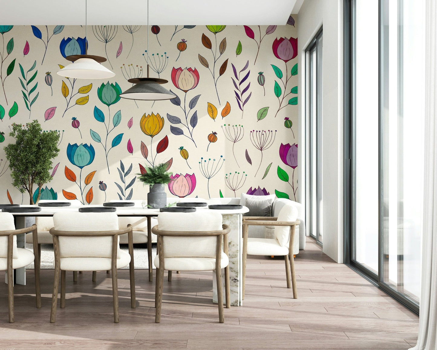 Artistic floral wall covering Rainbow Bloom Dance design.