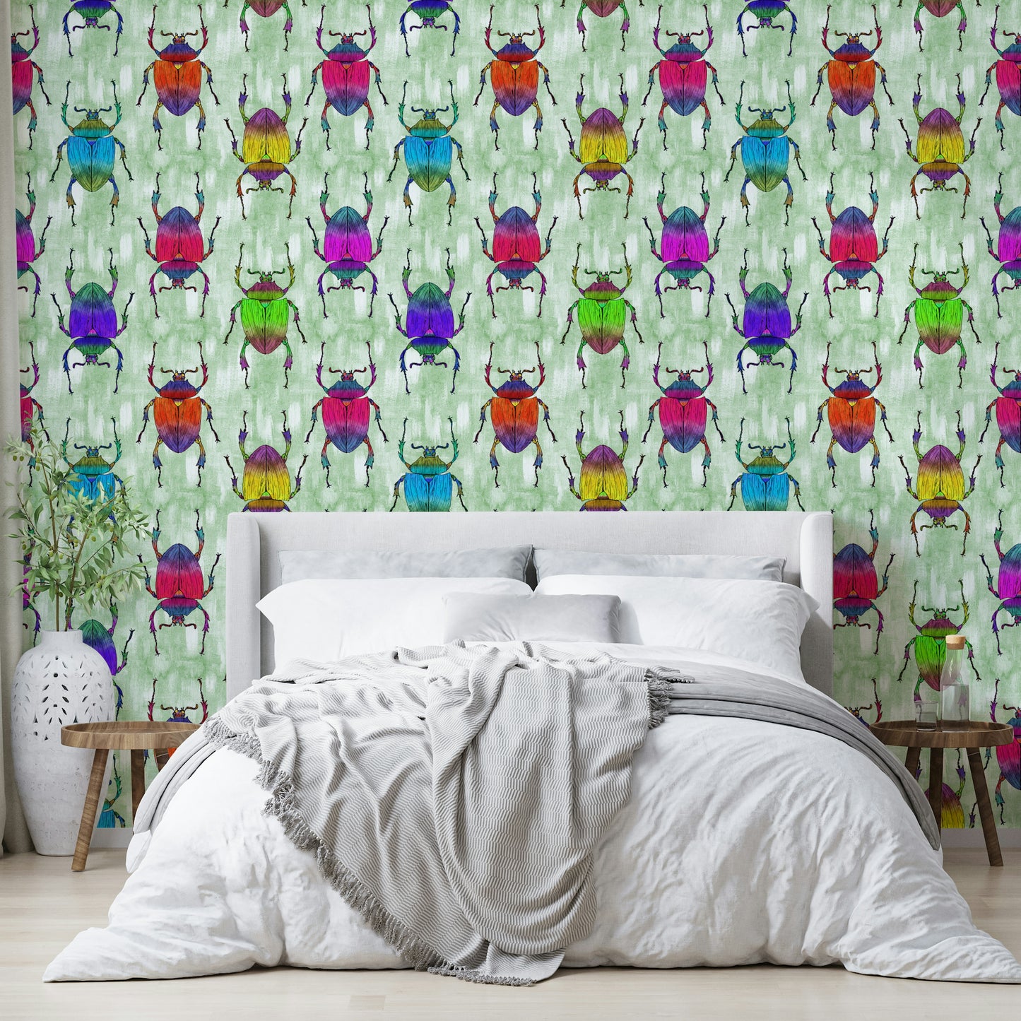 Mural wallpaper with colorful insects on green

