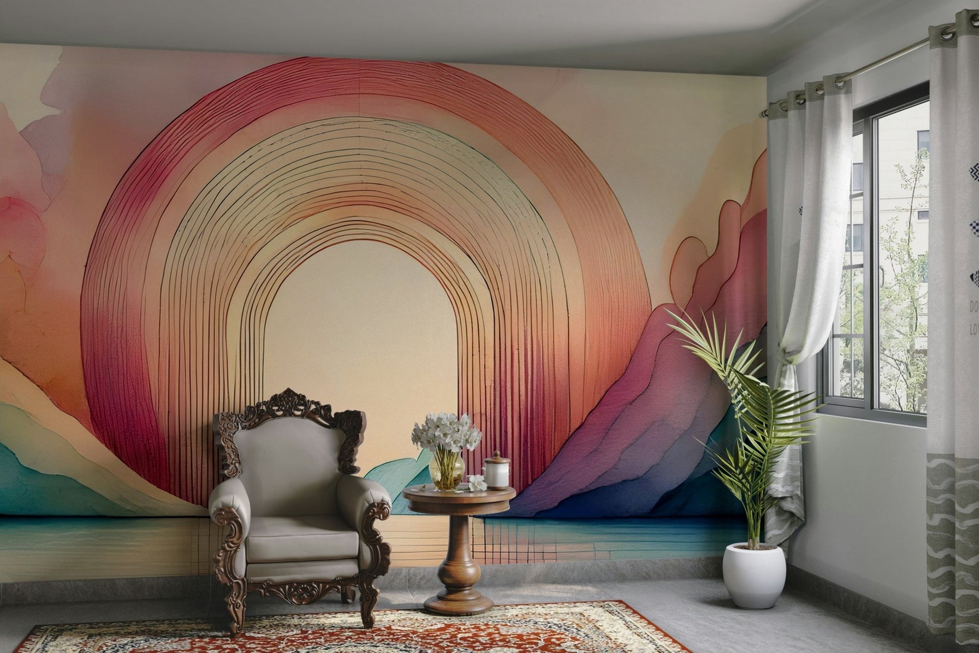 Rainbow Dream Arches 2 mural creating a lively, colorful room atmosphere.

