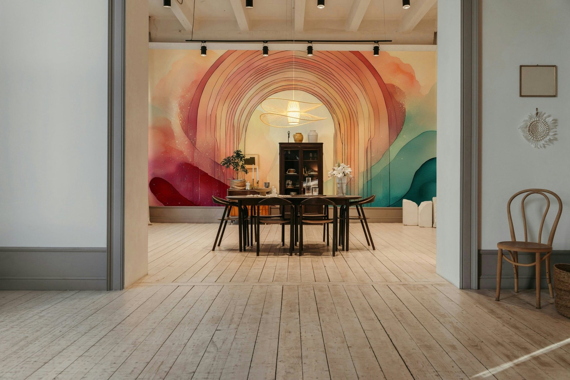 Colorful rainbow arches framing a peaceful portal in the wall mural.

