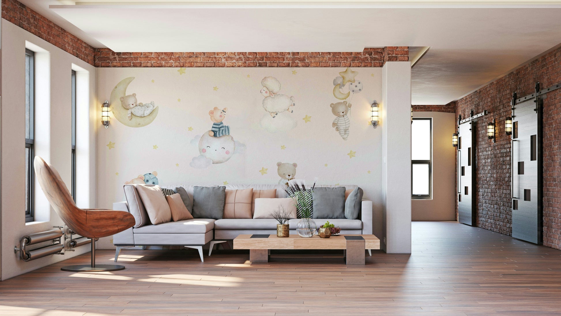 A peaceful wall mural with a whimsical rainbow pattern.

