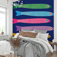 Fun wall mural with rainbow fish in a playful design on royal blue.

