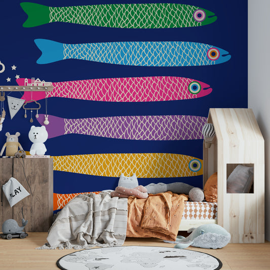 Fun, colorful fish mural with a royal blue backdrop, perfect for children’s spaces.

