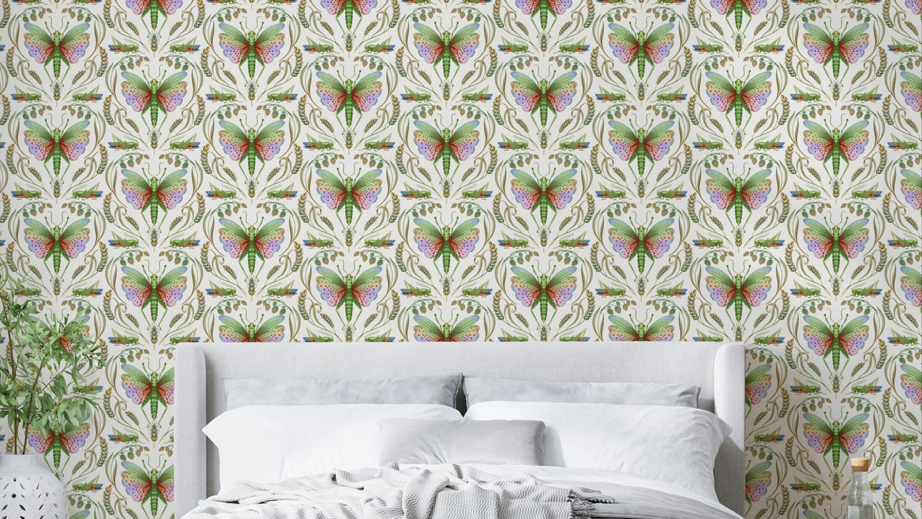 Light wallpaper with rainbow grasshopper damask

