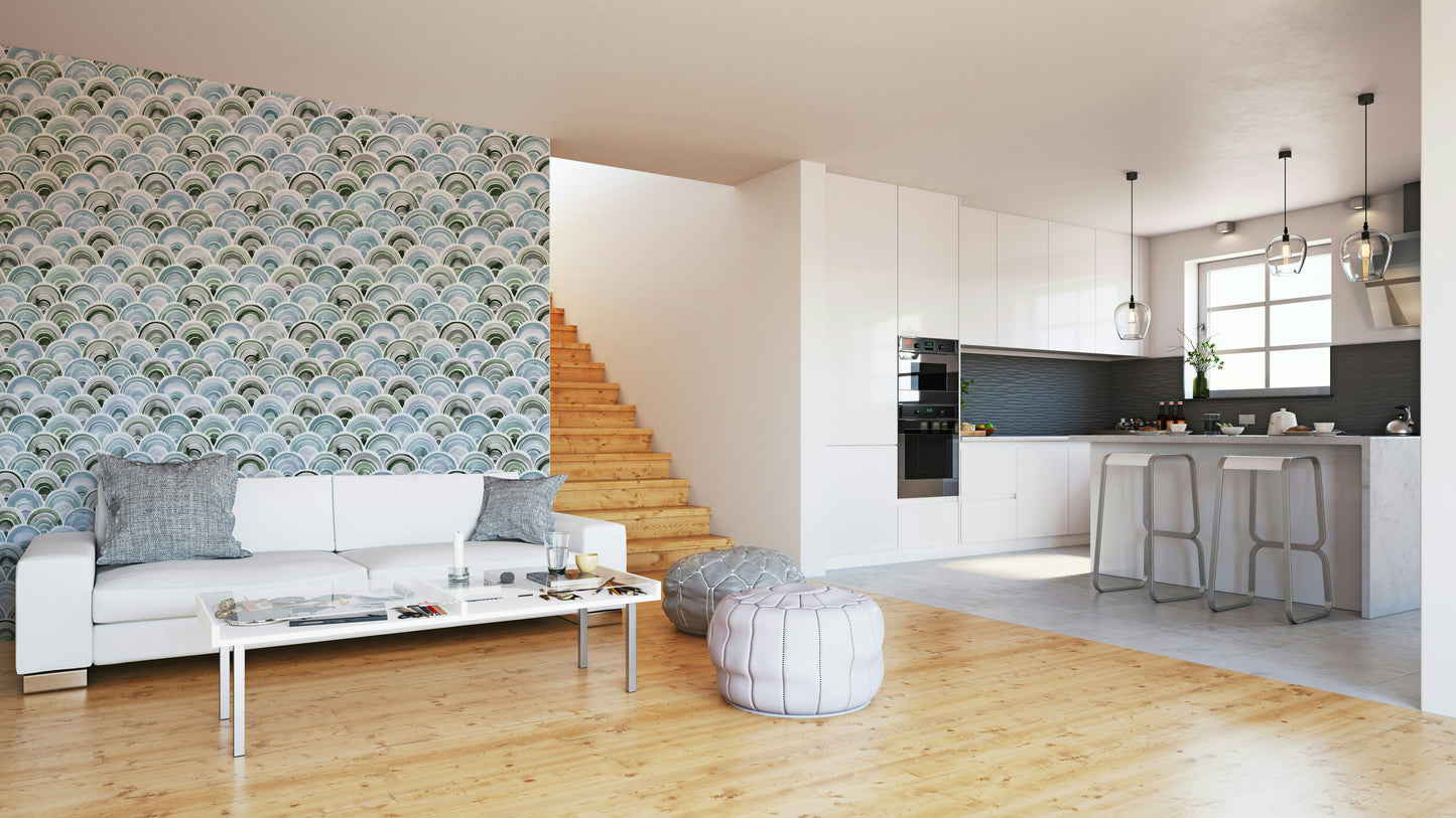 Colorful geometric scallop wallpaper with Japanese flair

