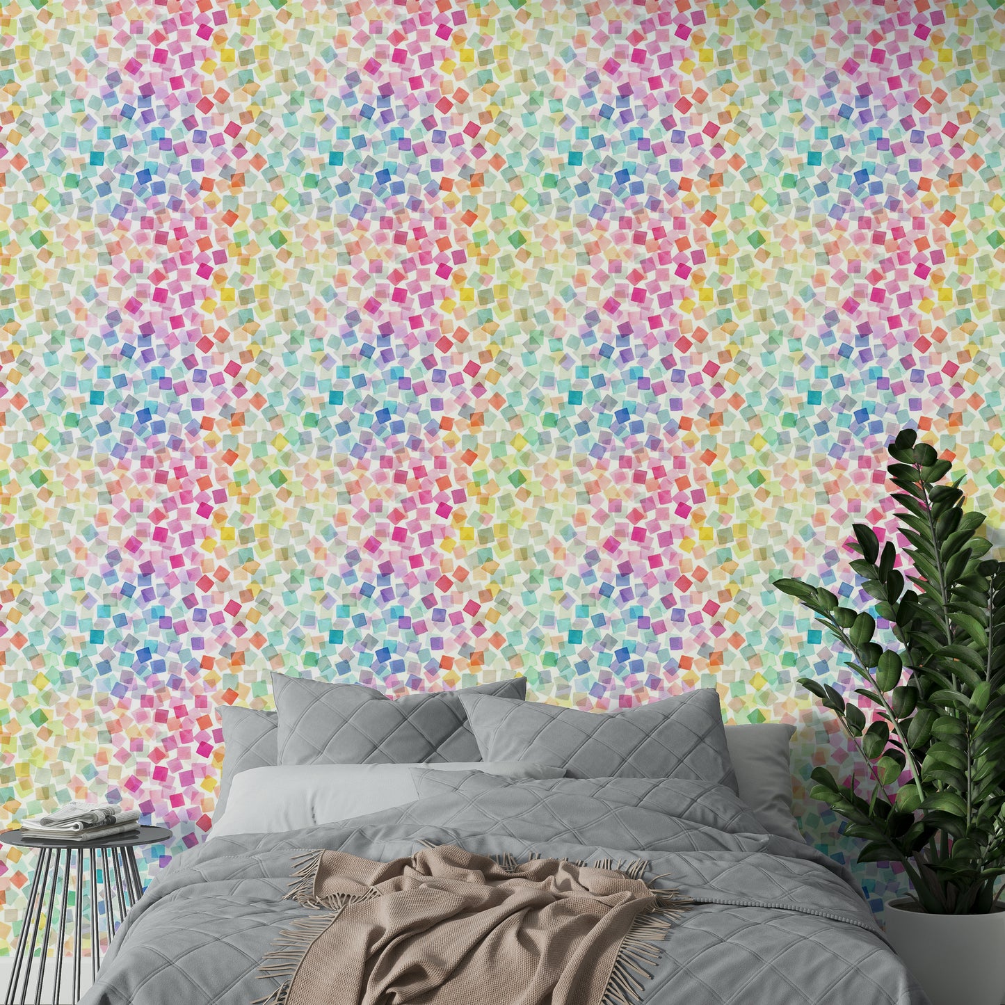 Playful party-themed wallpaper with colorful shapes