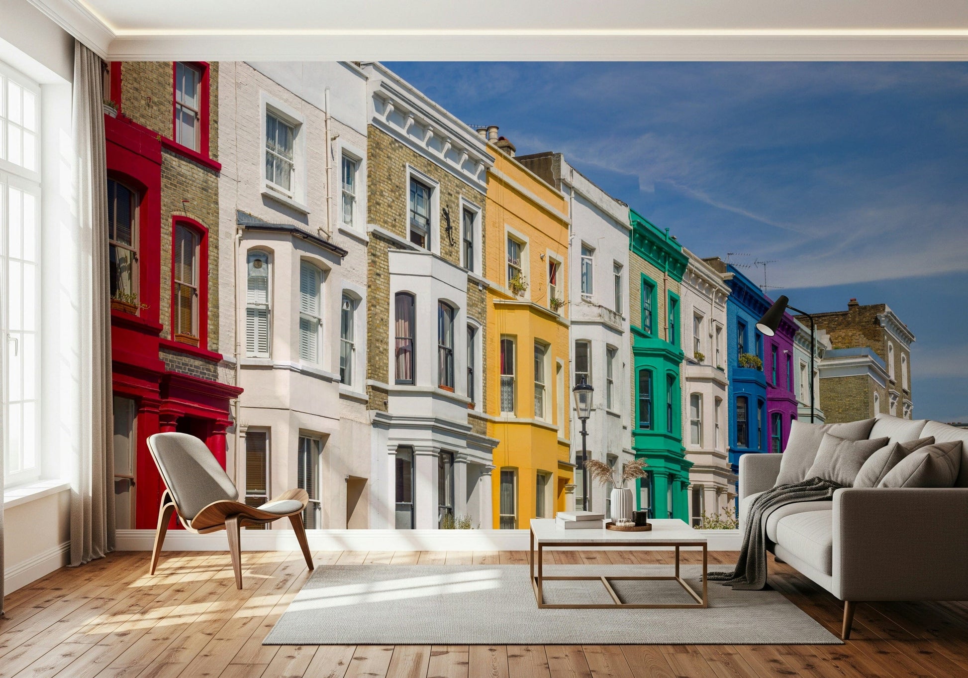 Colorful terraced Rainbow Row Houses peel and stick covering.