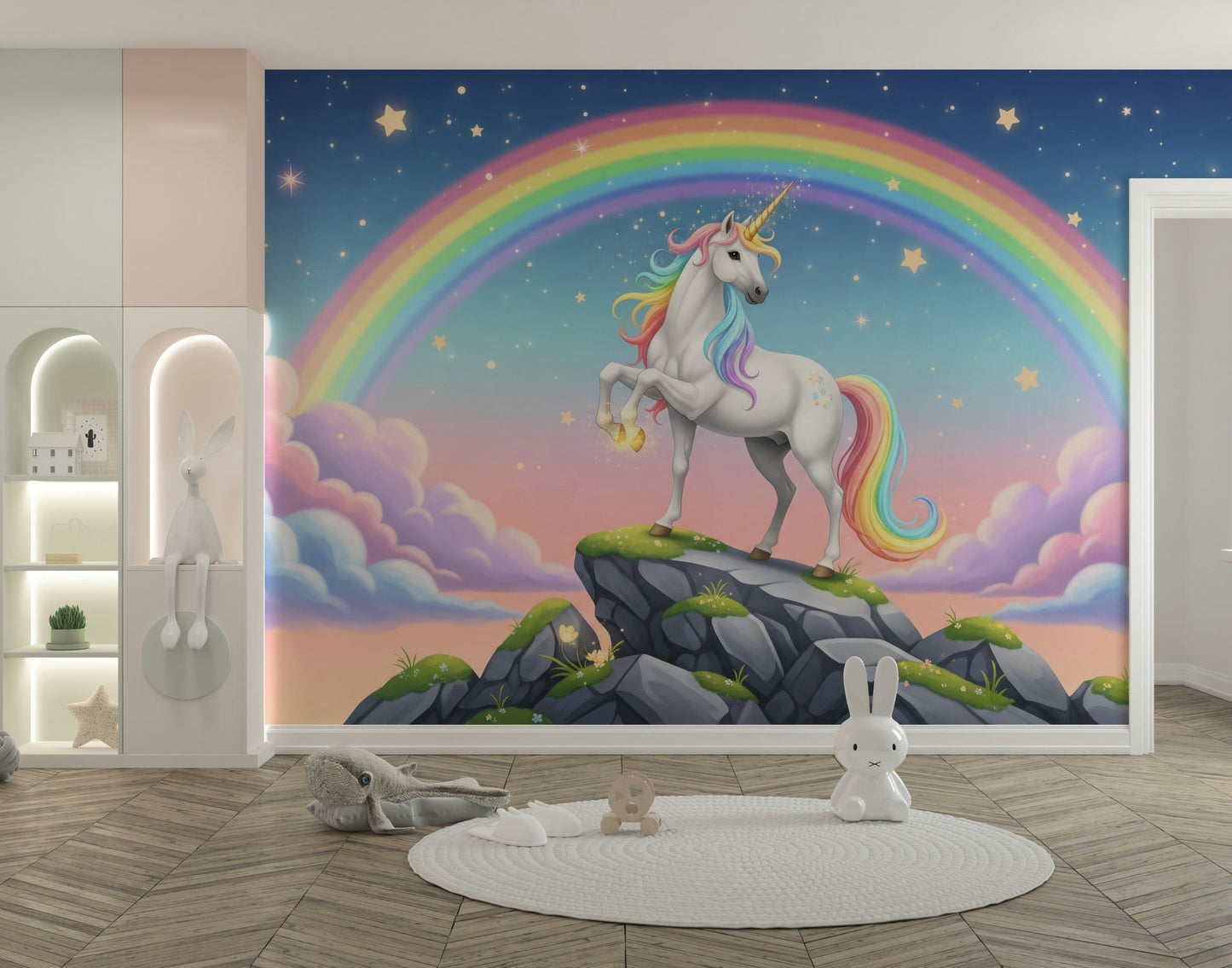 The design features friendly unicorns and soft rainbows.

