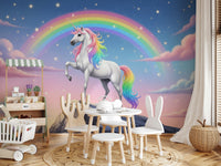 Foggy mountain wall mural in entryway, timber console and simple décor